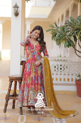 Digital Printed Russian Silk Gown with Zari & Sequins Embroidery